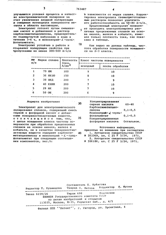 Электролит для электрохимического полирования сплавов (патент 763487)