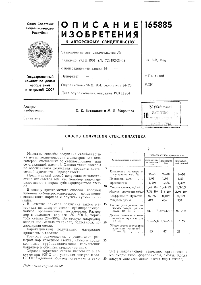 Способ получения стеклопластика (патент 165885)