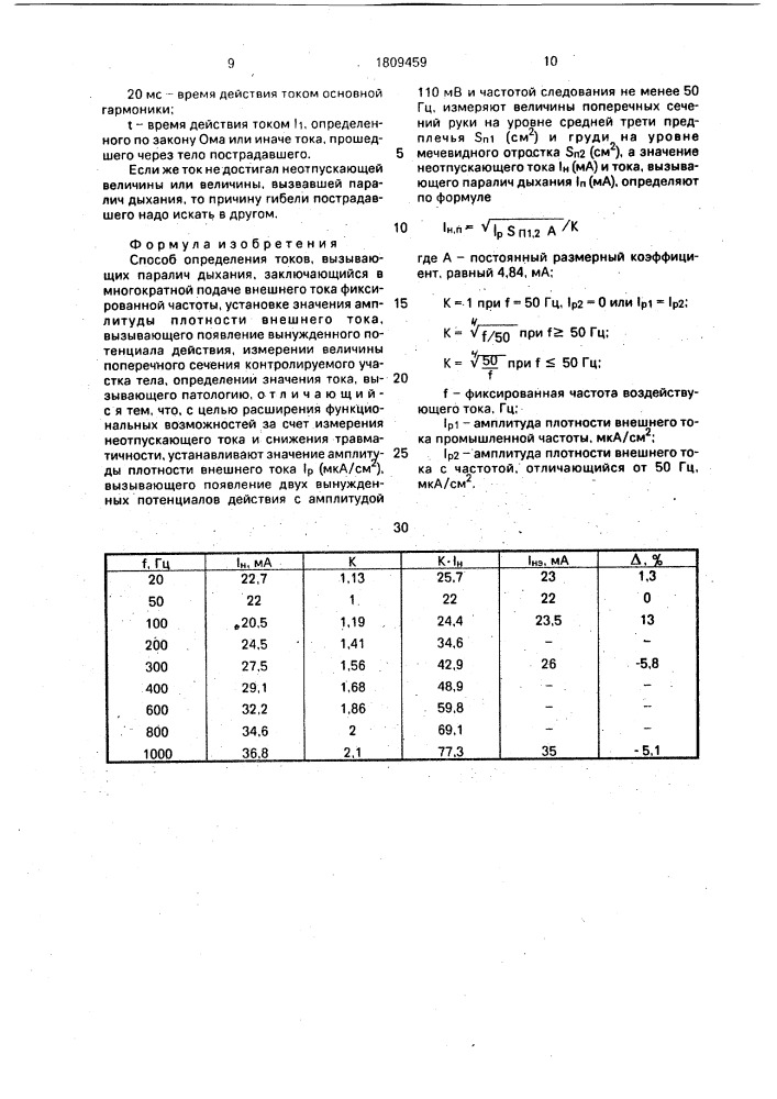 Способ определения токов, вызывающих паралич дыхания (патент 1809459)