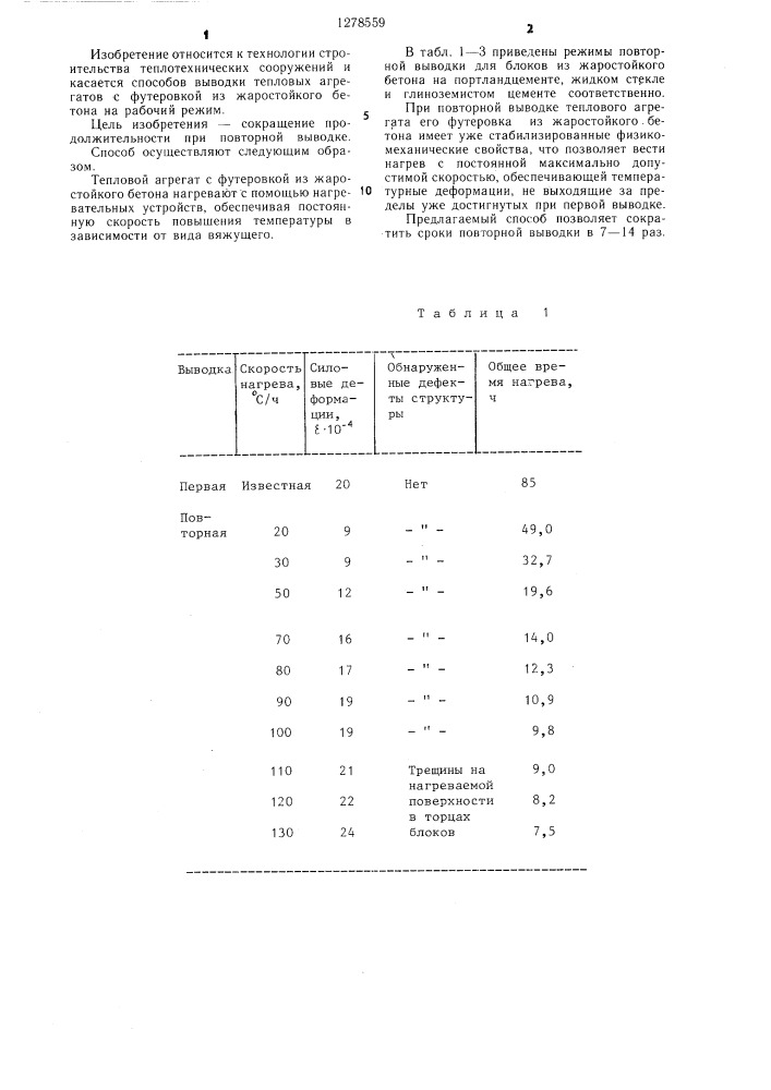 Способ выводки тепловых агрегатов с футеровкой из жаростойкого бетона на рабочий режим (патент 1278559)