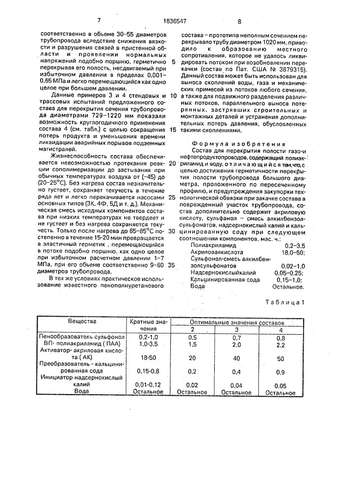Состав для перекрытия полости газо-и нефтепродуктопроводов (патент 1836547)