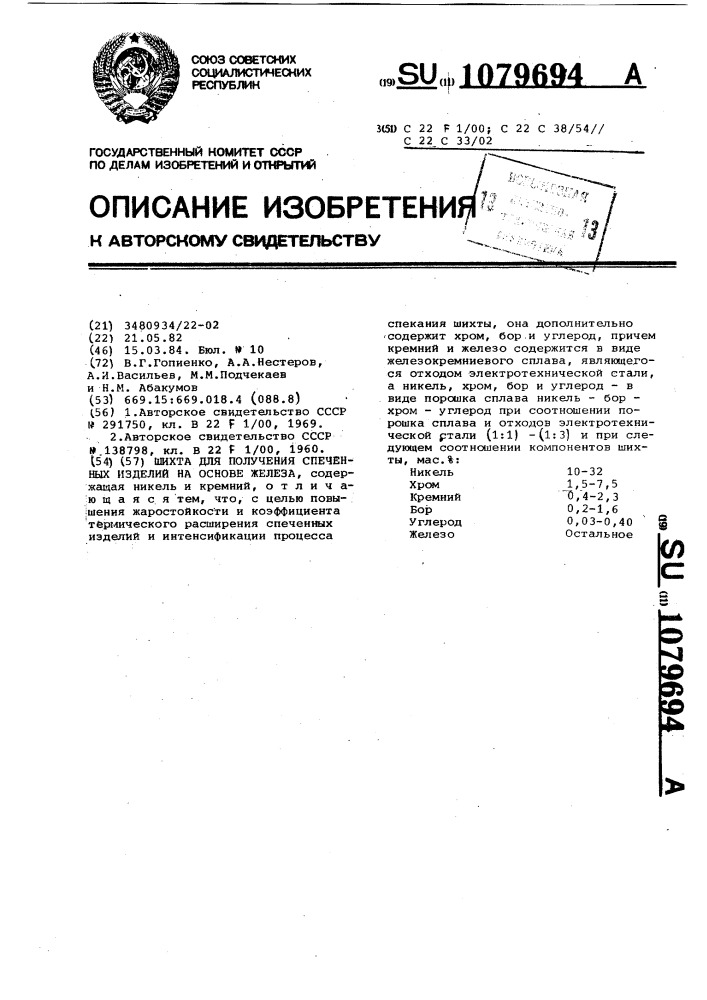 Шихта для получения спеченных изделий на основе железа (патент 1079694)