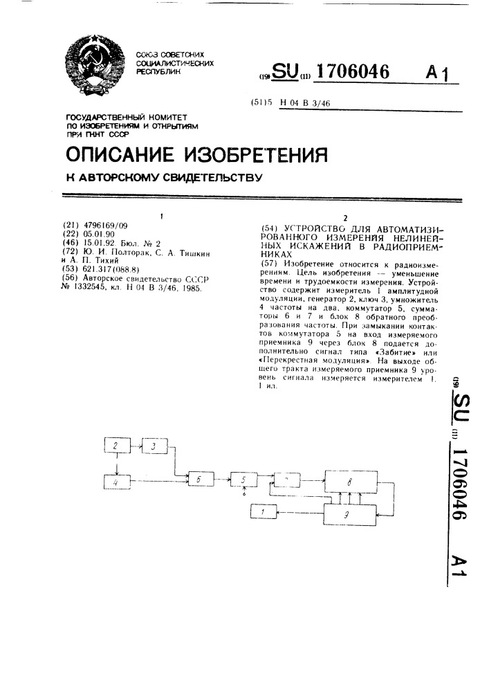 Устройство для автоматизированного измерения нелинейных искажений в радиоприемниках (патент 1706046)