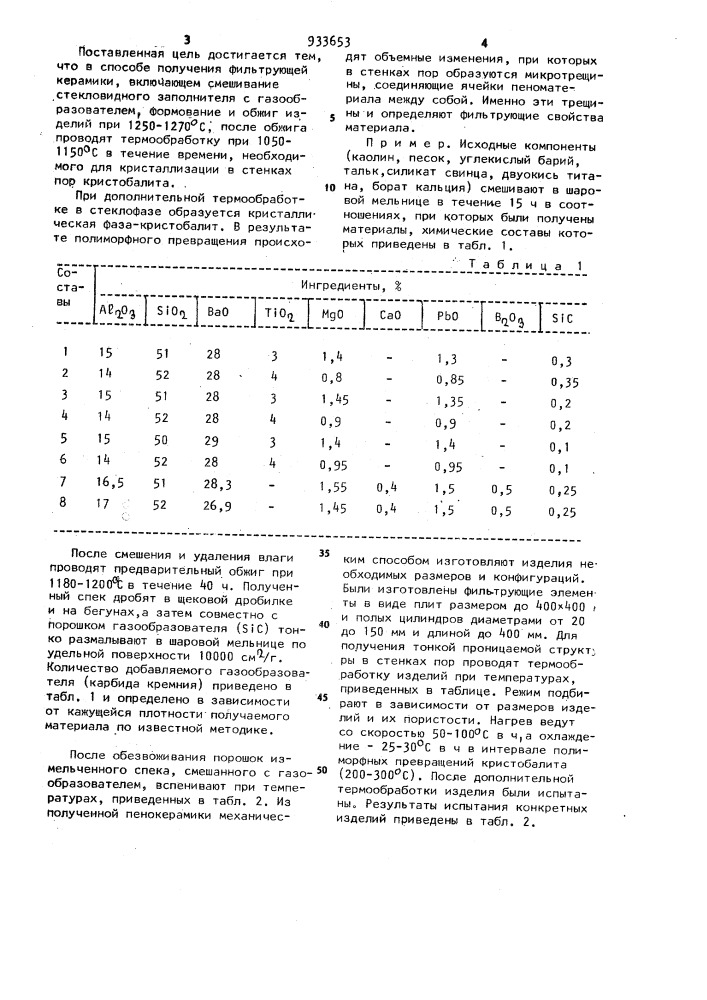 Способ получения фильтрующей керамики (патент 933653)