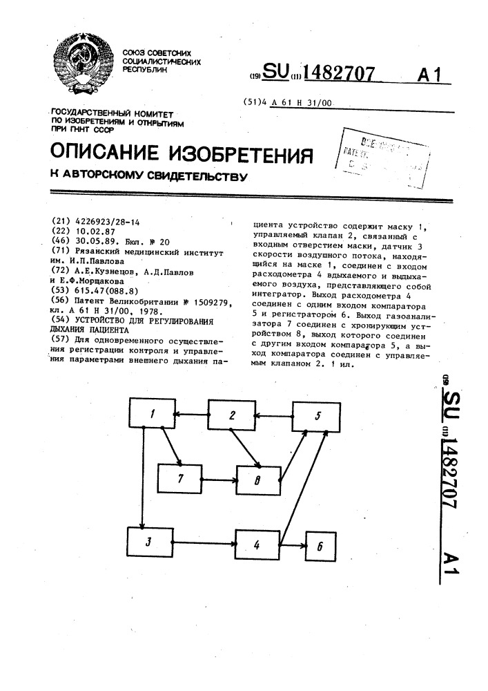 Устройство для регулирования дыхания пациента (патент 1482707)