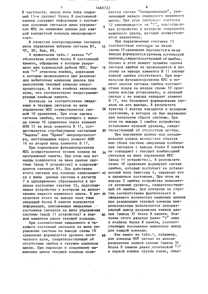 Устройство для контроля микропроцессорной системы (патент 1460722)