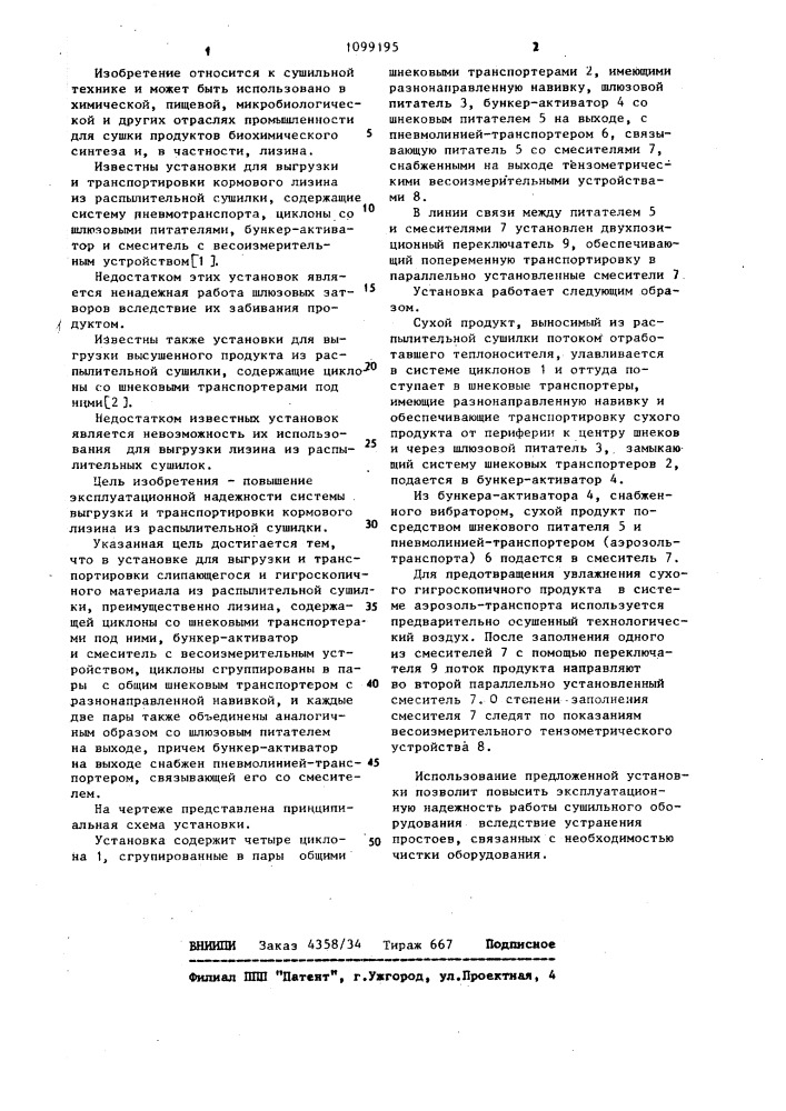 Установка для выгрузки и транспортировки слипающегося и гигроскопичного материала из распылительной сушилки (патент 1099195)