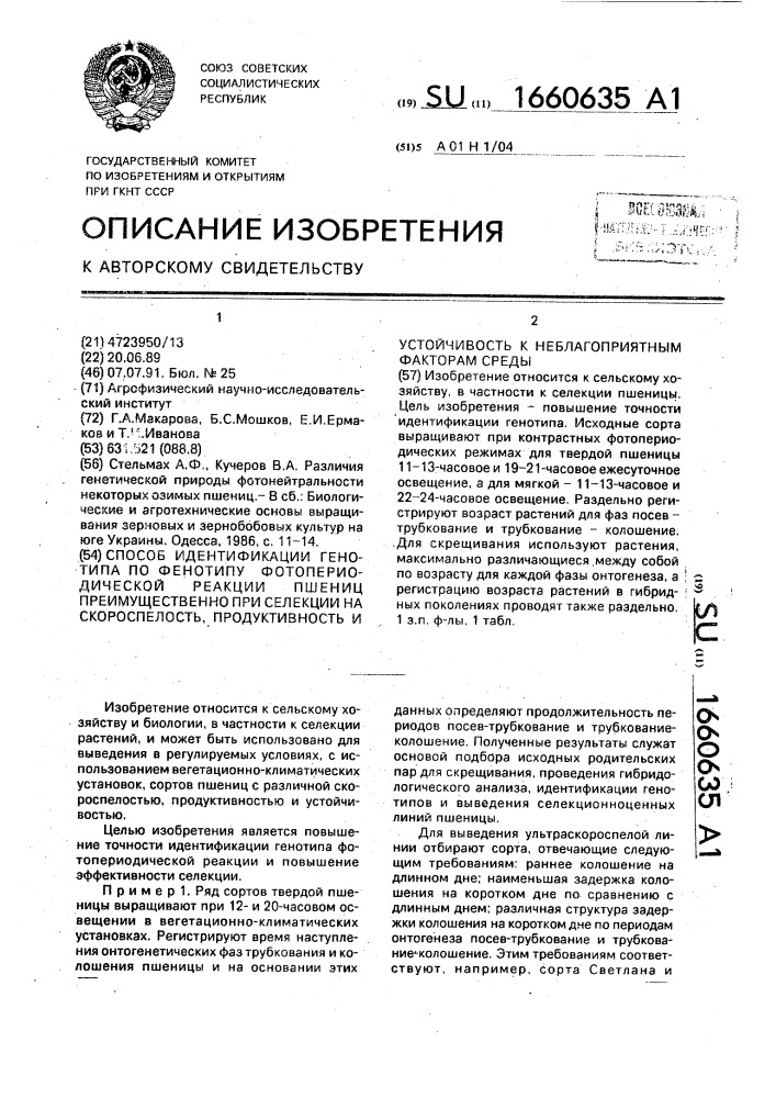 Способ идентификации генотипа по фенотипу фотопериодической реакции пшениц, преимущественно при селекции на скороспелость, продуктивность и устойчивость к неблагоприятным факторам среды (патент 1660635)