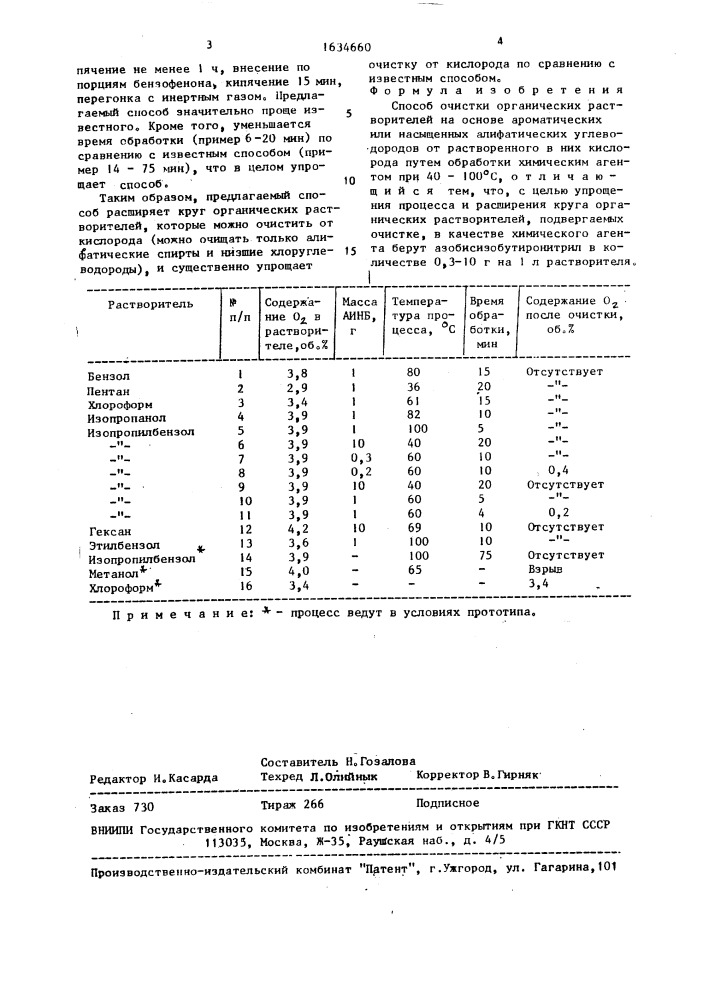 Способ очистки органических растворителей на основе ароматических или насыщенных алифатических углеводородов от растворенного в них кислорода (патент 1634660)