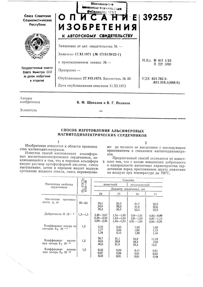 Способ изготовления альсиферовых магнитодиэлектрических сердечников (патент 392557)