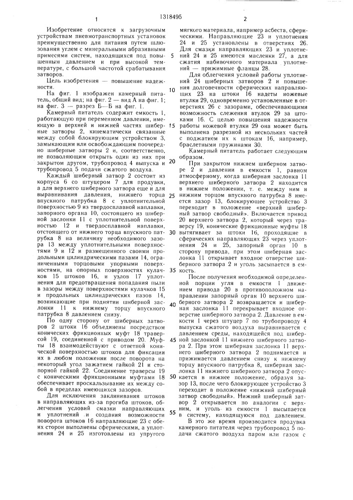 Камерный питатель пневмотранспортной установки (патент 1318495)