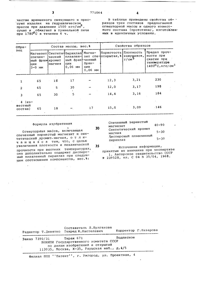 Огнеупорная масса (патент 771064)