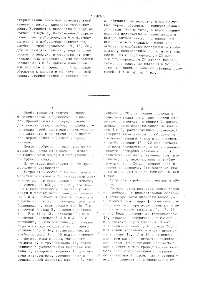 Устройство для отбора проб культуральной жидкости и контроля ее к установкам для выращивания аэробных микроорганизмов (патент 1348368)