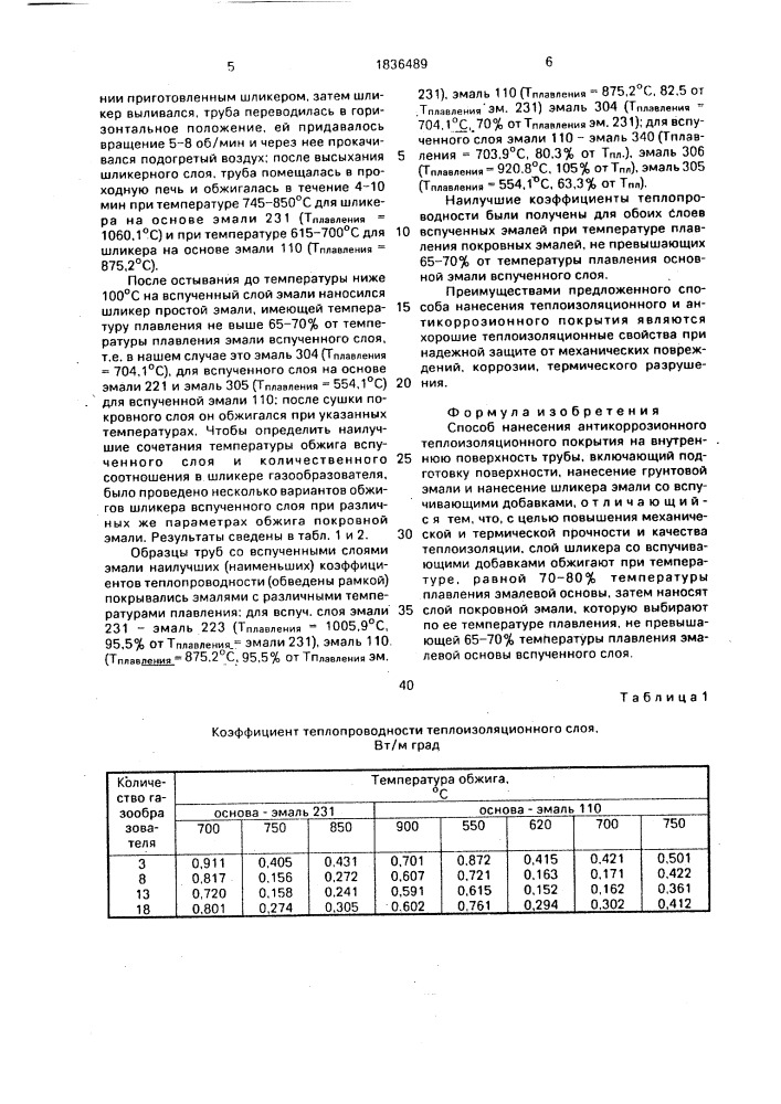 Способ нанесения антикоррозионного, теплоизоляционного покрытия на внутреннюю поверхность трубы (патент 1836489)