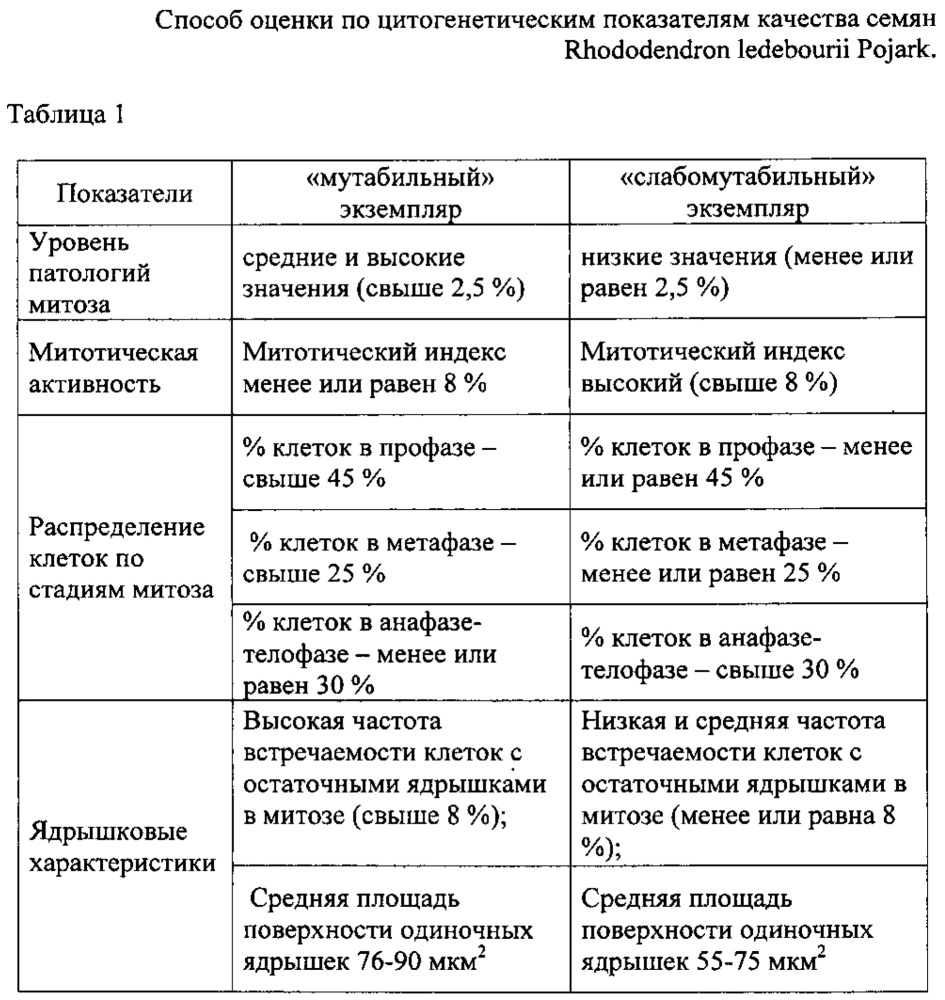 Способ оценки по цитогенетическим показателям качества семян rhododendron ledebourii pojark (патент 2654605)