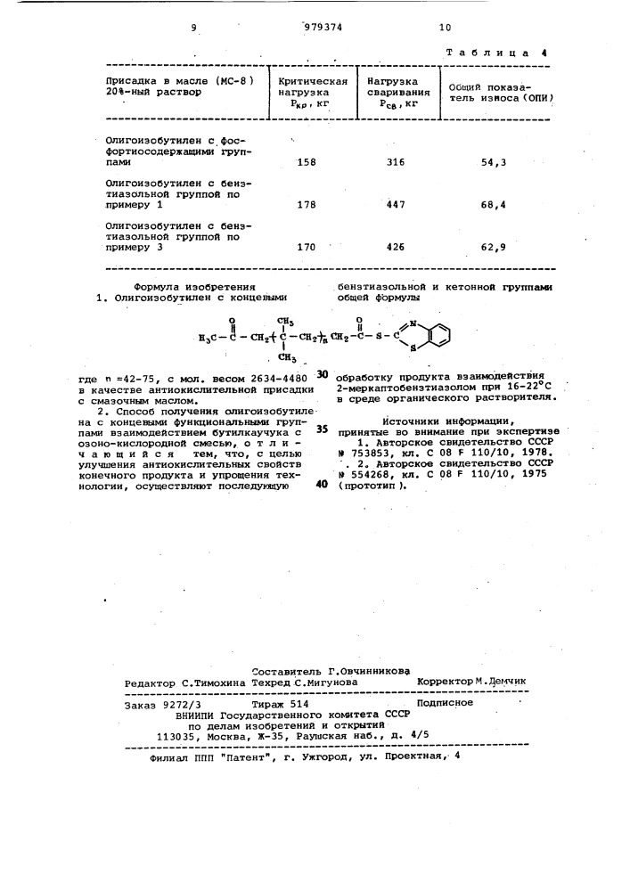 Олигоизобутилен с концевыми бензтиазольной и кетонной группами в качестве антиокислительной присадки к смазочным маслам и способ его получения (патент 979374)