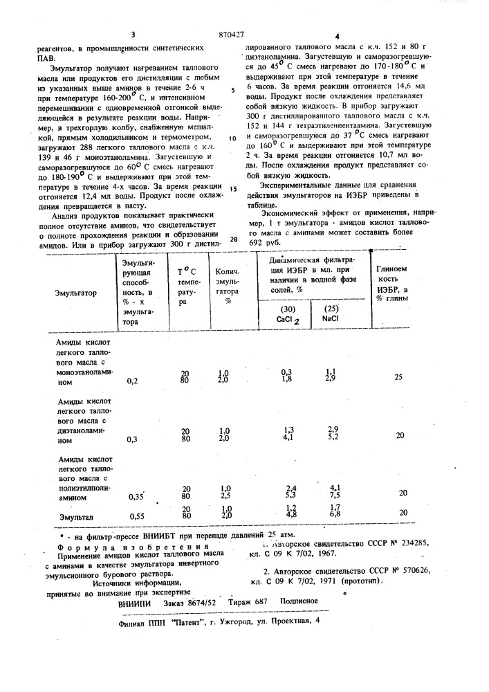 Эмульгатор инвертного эмульсионного бурового раствора (патент 870427)