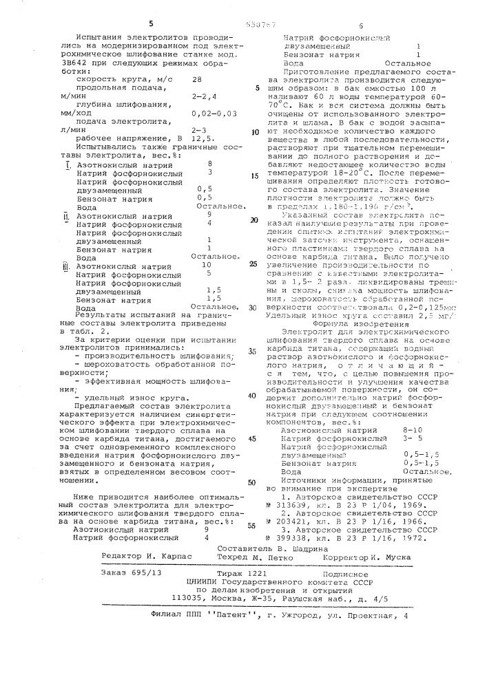 Электролит для электролитического шлифования твердого сплава на основе карбида титана (патент 650767)