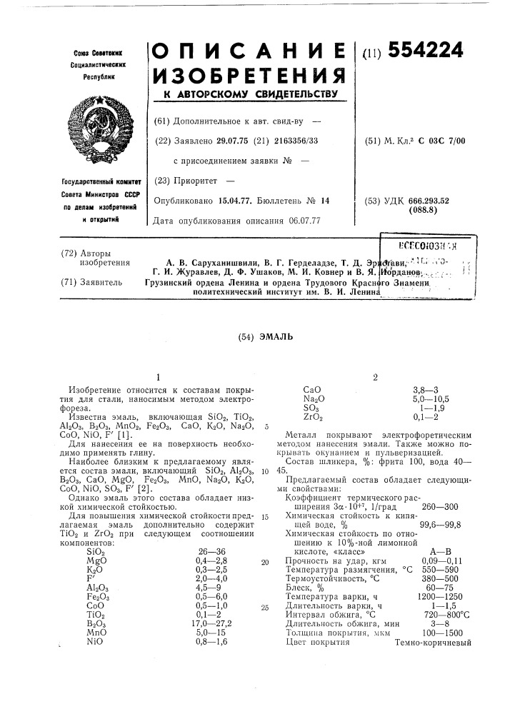 Эмаль (патент 554224)