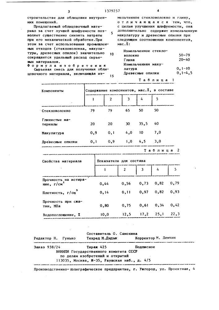 Сырьевая смесь для получения облицовочного материала (патент 1379257)