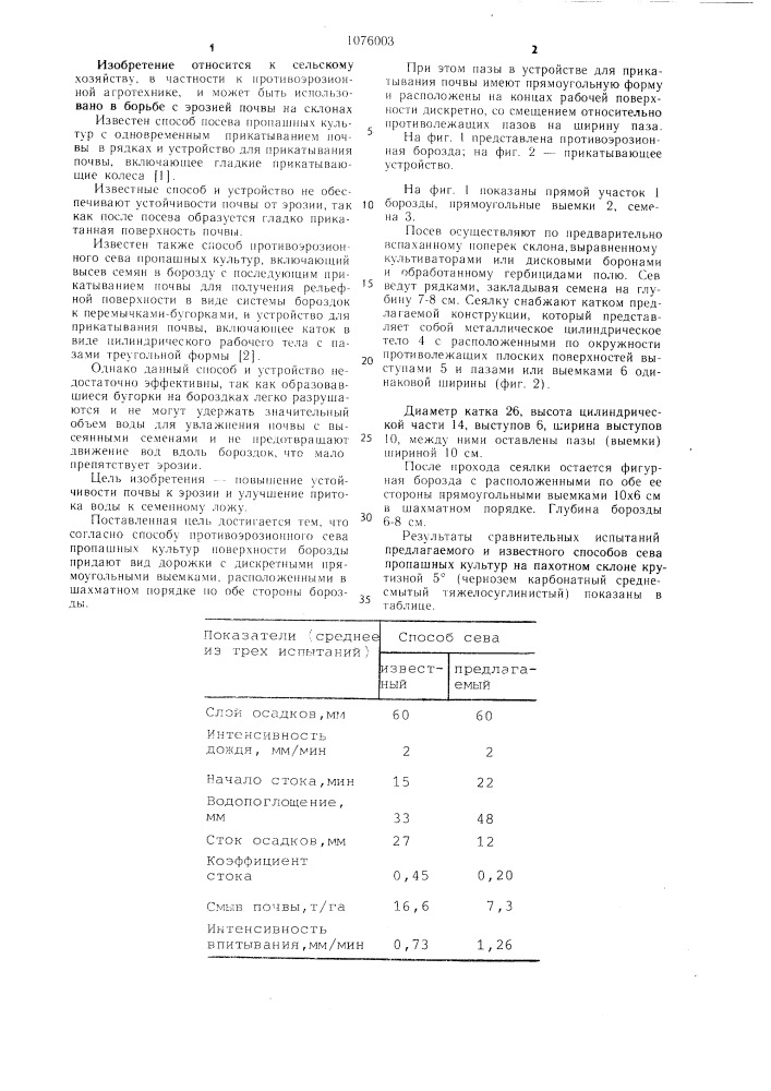 Способ противоэрозионного сева пропашных культур и устройство для прикатывания почвы (патент 1076003)