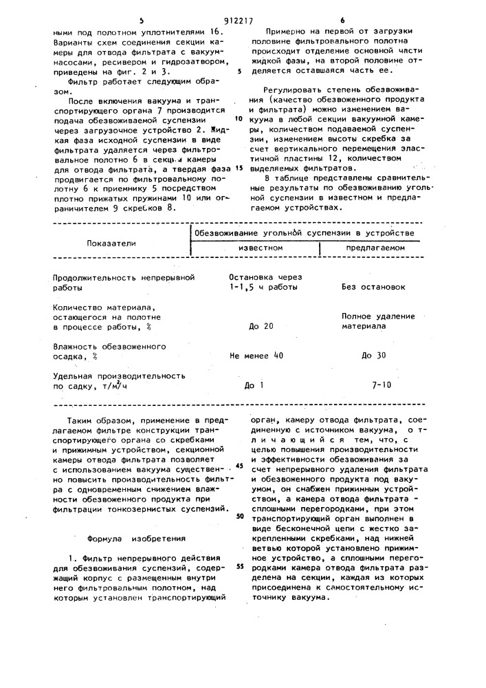 Фильтр непрерывного действия для обезвоживания суспензии (патент 912217)