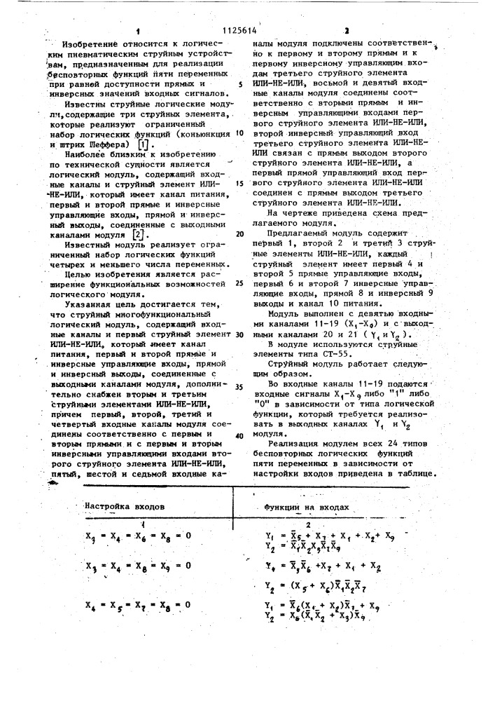 Струйный многофункциональный логический модуль (патент 1125614)