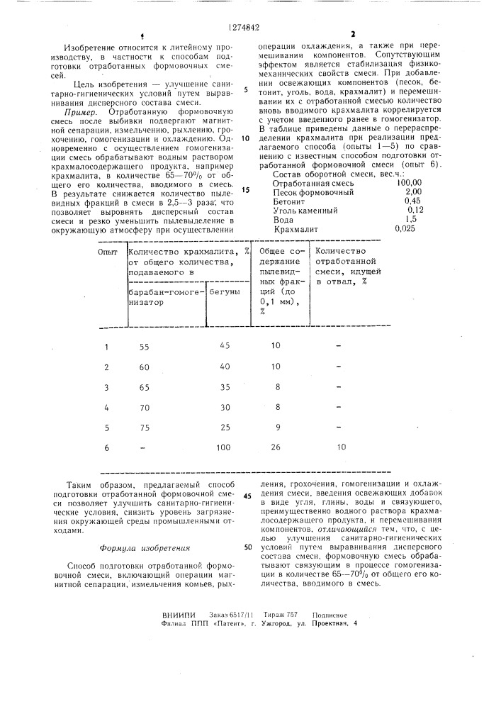 Способ подготовки отработанной формовочной стали (патент 1274842)