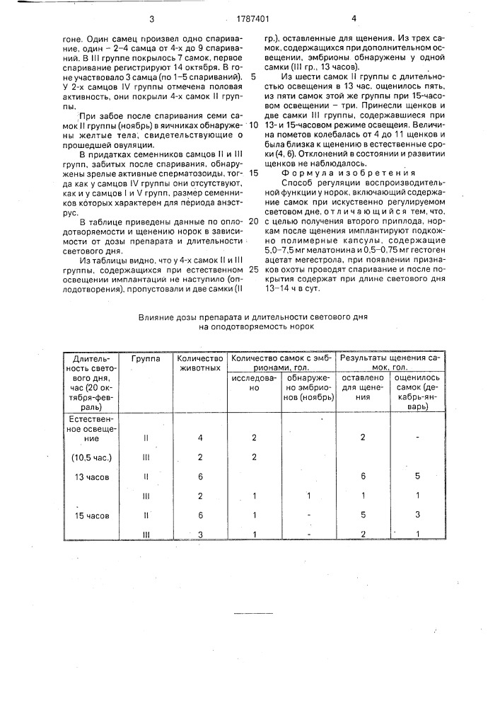 Способ регуляции воспроизводительной функции у норок (патент 1787401)