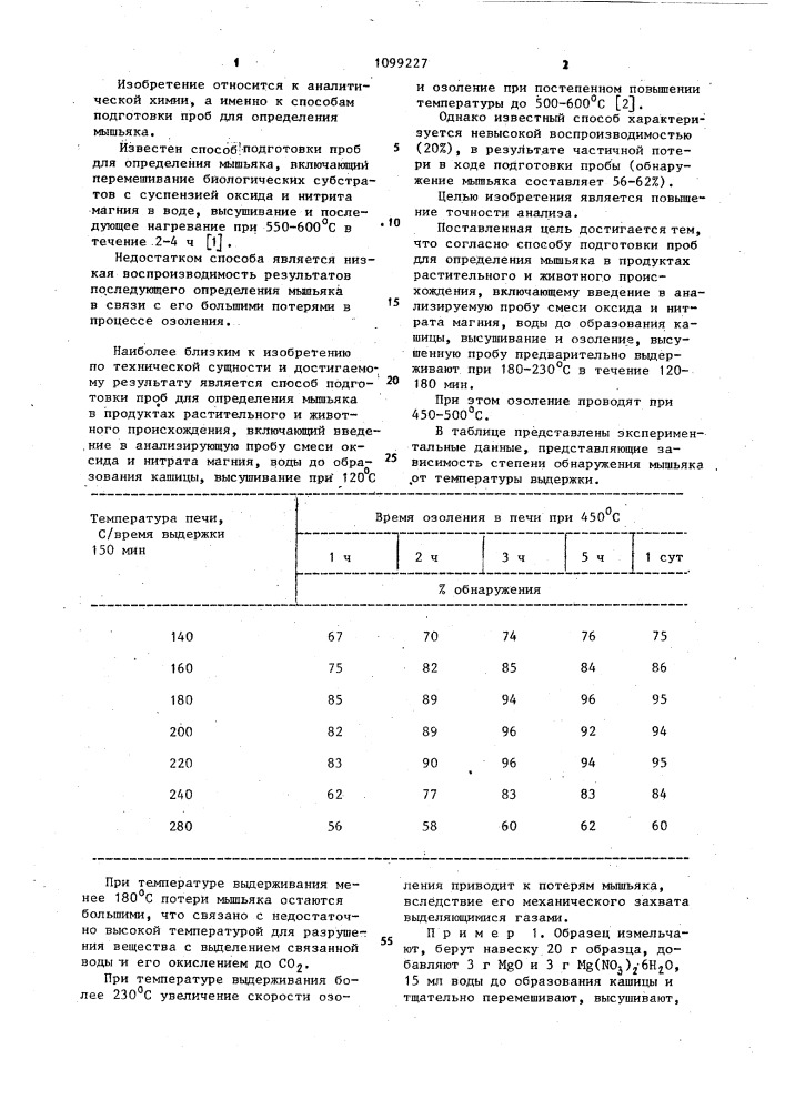 Способ подготовки проб для определения мышьяка в продуктах растительного и животного происхождения (патент 1099227)