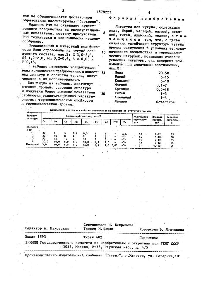 Лигатура для чугуна (патент 1578221)