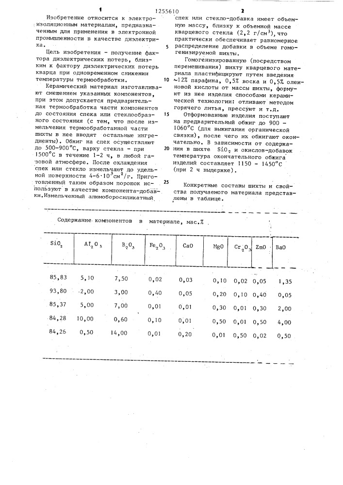 Керамический материал (патент 1255610)