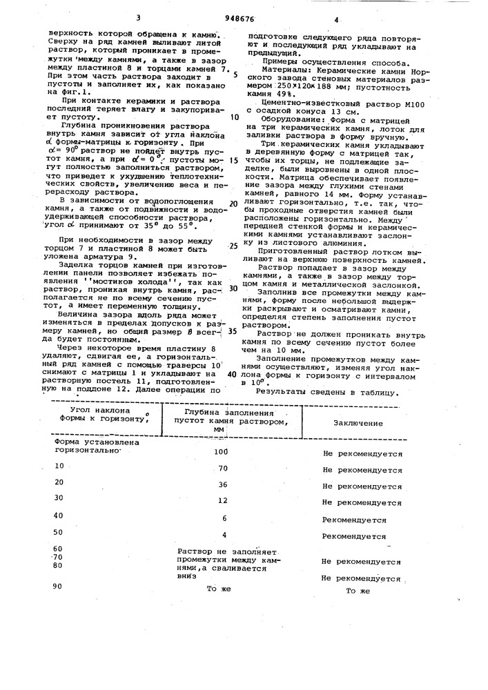 Способ изготовления стеновых панелей из керамических пустотелых камней (патент 948676)