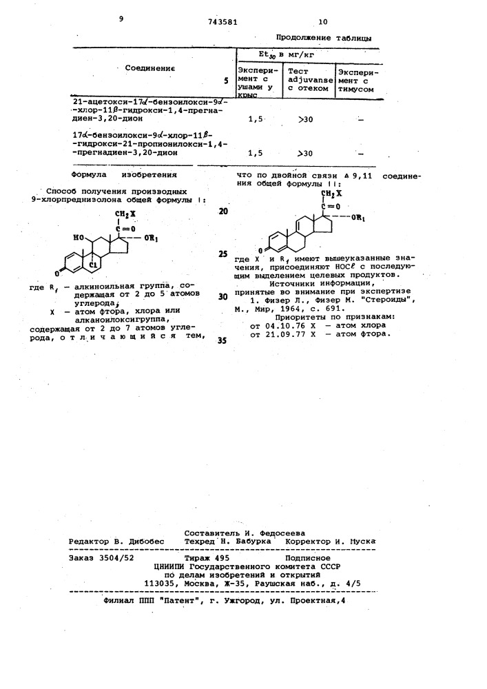Способ получения производных 9-хлорпреднизолона (патент 743581)