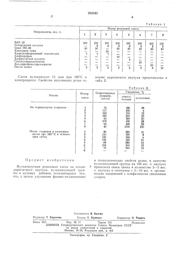 Вулканизуемая резиновая смесь (патент 363343)