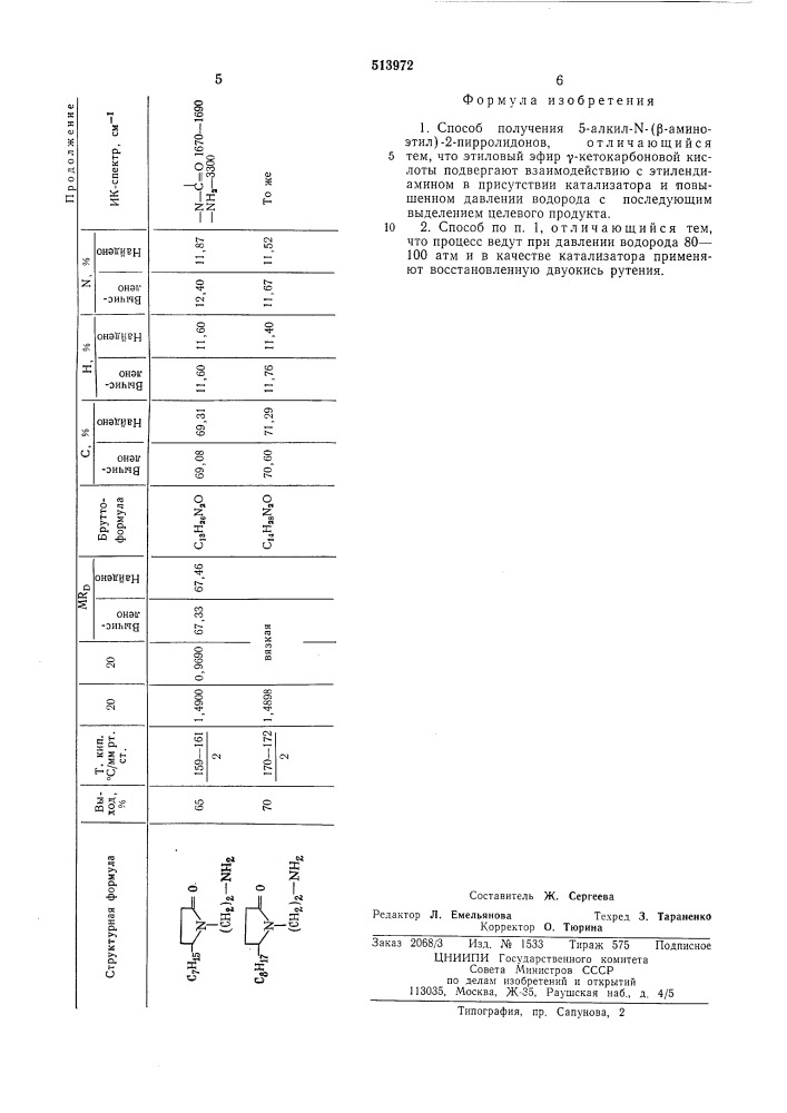 Способ получения 5-алкил- -/ аминоэтил/-2-пирролидонов (патент 513972)