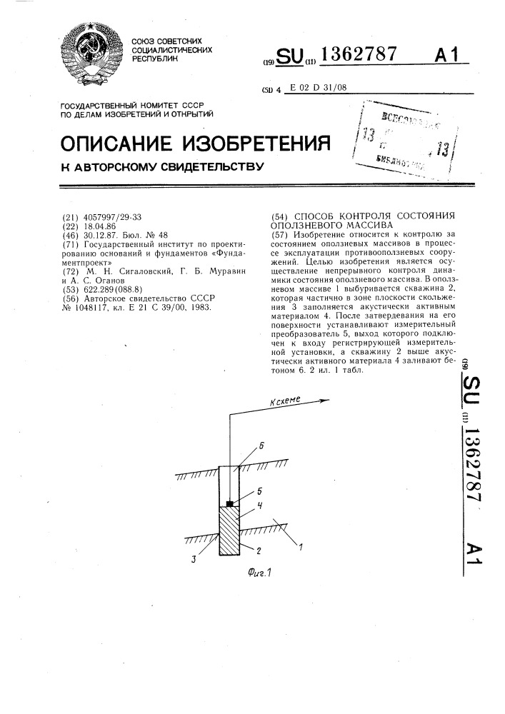 Способ контроля состояния оползневого массива (патент 1362787)