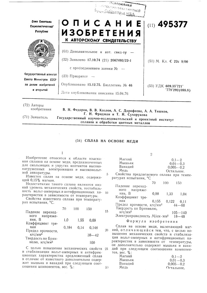 Сплав на основе меди (патент 495377)