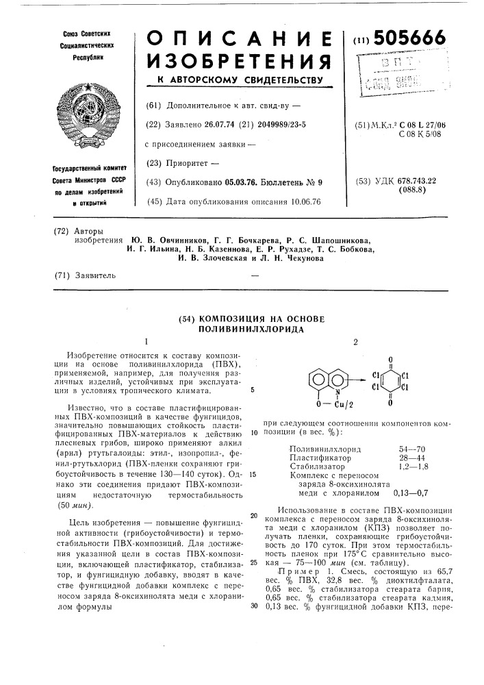 Композиция на основе поливинилхлорида (патент 505666)