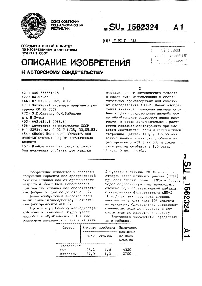 Способ получения сорбента для очистки сточных вод от органических веществ (патент 1562324)