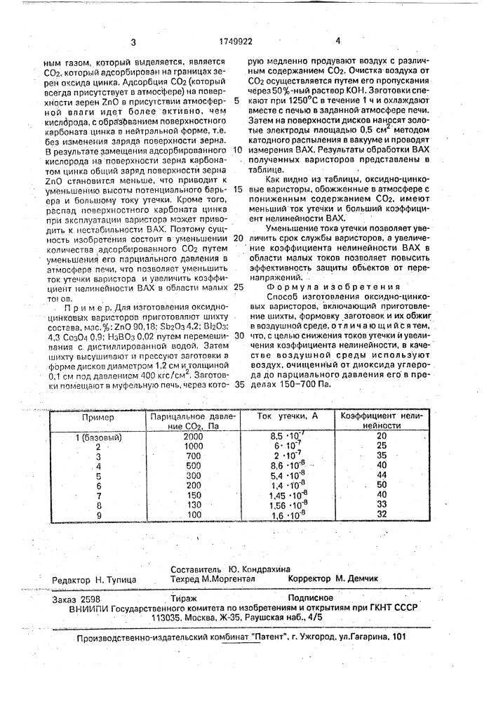Способ изготовления оксидно-цинковых варисторов (патент 1749922)