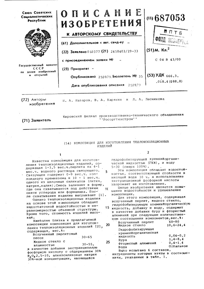 Композиция для изготовления теплоизоляционных изделий (патент 687053)