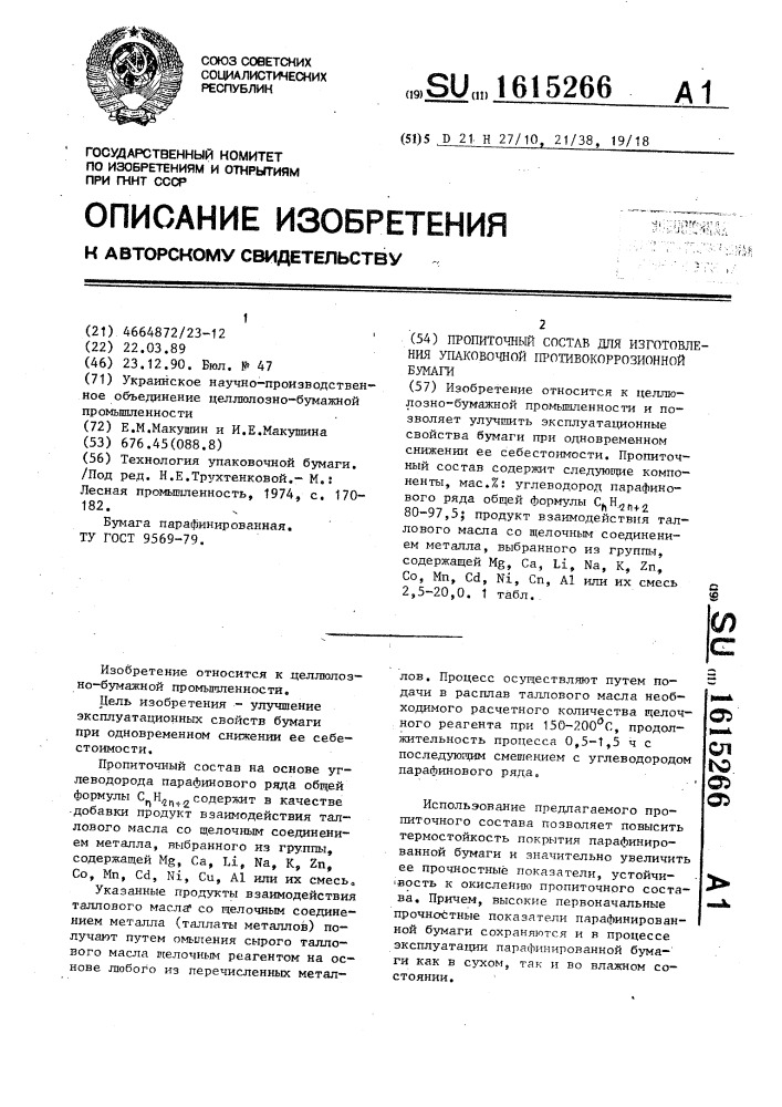 Пропиточный состав для изготовления упаковочной противокоррозионной бумаги (патент 1615266)