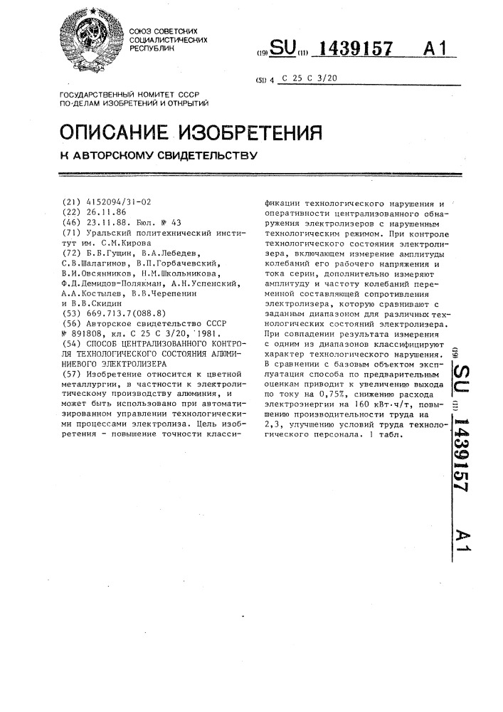 Способ централизованного контроля технологического состояния алюминиевого электролизера (патент 1439157)