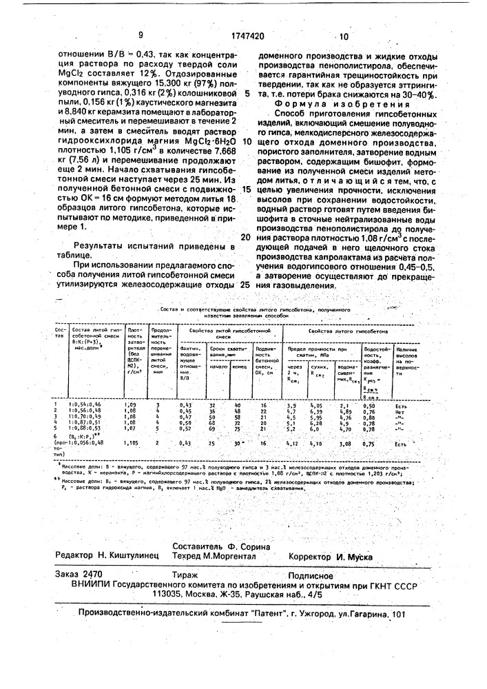 Способ приготовления гипсобетонных изделий (патент 1747420)