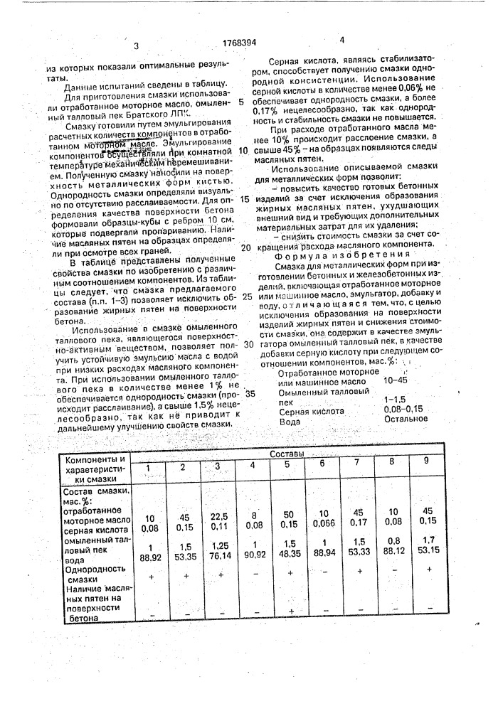 Смазка для металлических форм (патент 1768394)