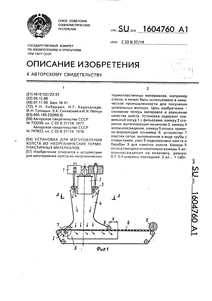 Установка для изготовления холста из неорганических термопластичных материалов (патент 1604760)