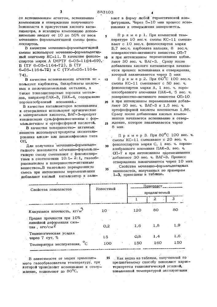 Способ получения мочевино-формальдегидного пенопласта (патент 883103)