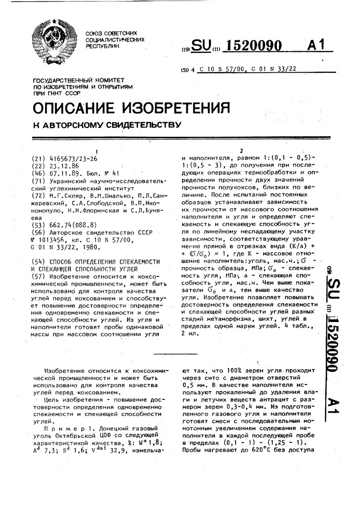 Способ определения спекаемости и спекающей способности углей (патент 1520090)