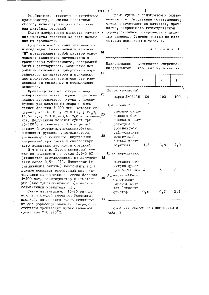 Смесь для изготовления литейных стержней теплового отверждения (патент 1320001)